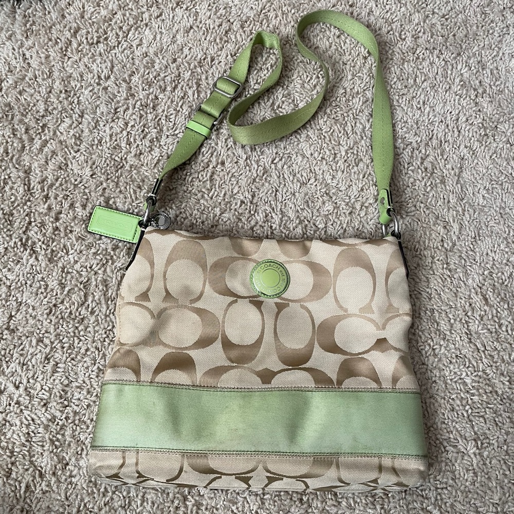 COACH Camel and lime green swing purse